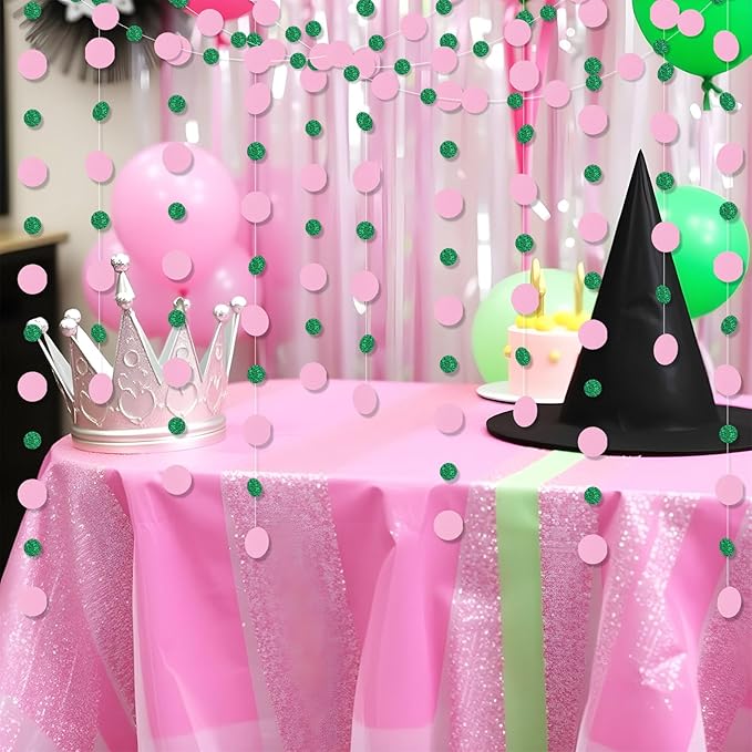Outus 10 Pieces Pink,Green Round Dots Garland Easter Graduation Party Hanging Decor Each Length 13.1ft Glitter Paper Dot Streamers for Birthday Wedding Classroom