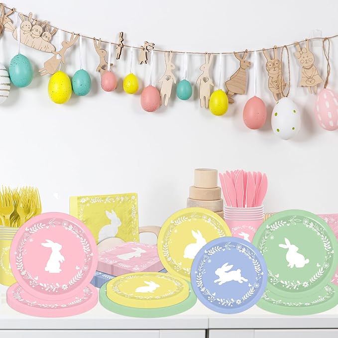 Easter Plates and Napkins, 144Pcs Easter Decorations Colorful Bunny Paper Plates and Napkins, Cups, Forks, Knives for Spring Easter Bunny Picnic Party Supplies, Serves 24