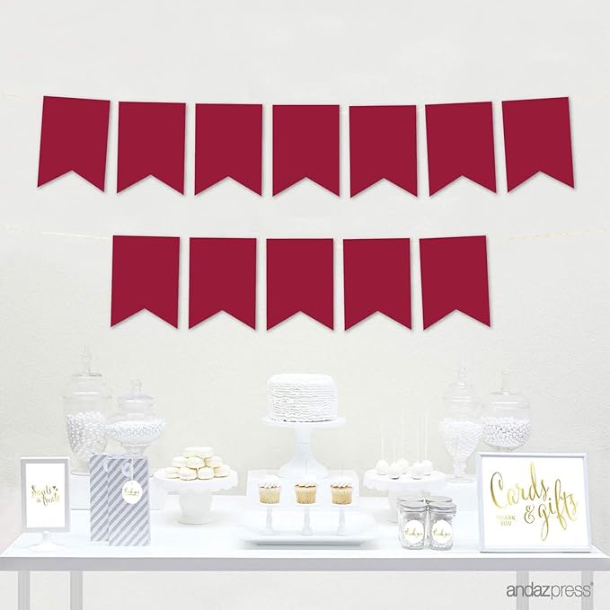 Andaz Press Hanging Pennant Banner with String, Burgundy Maroon, 1-Set, 24 Pennants, Approx. 12-Feet Long