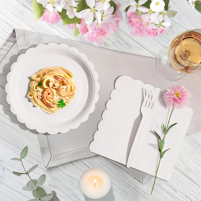 105PCS Paper Plates and Napkins Set,7 Inch Scalloped Disposable Tableware with Forks for Birthdays, Garden Parties & Outdoor Events,Serves 35 (White)