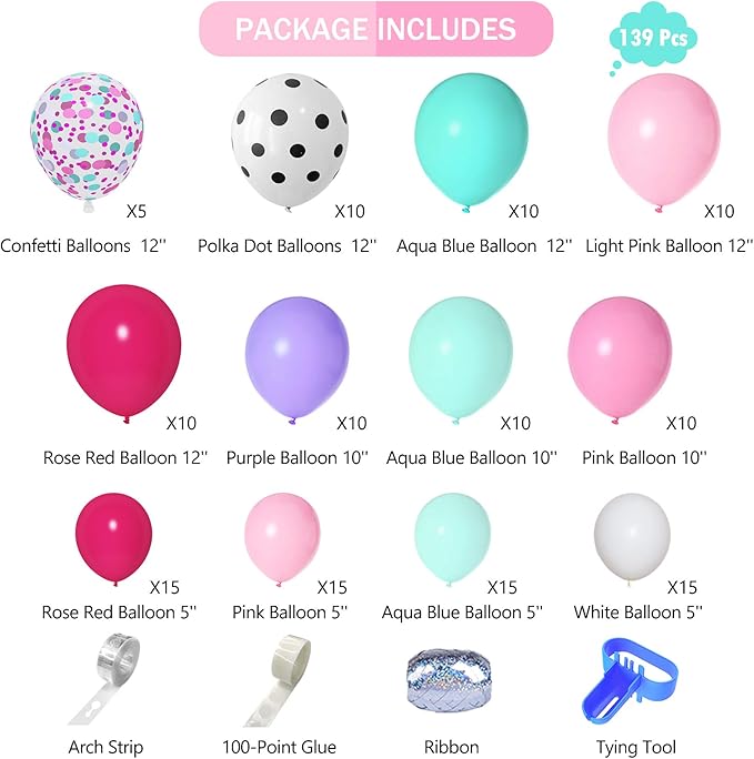 Amandir 152pcs Hot Pink and Teal Blue Balloon Garland Arch Kit, Different Sizes 12 10 5 Purple Rose Red Confetti White Dots Turquoise Balloons for Spa Girls Surprise Birthday Baby Shower Decorations
