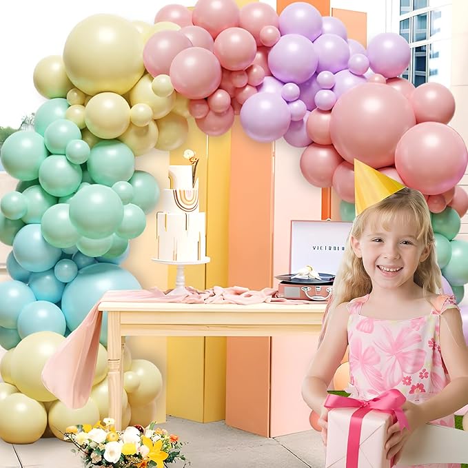 Pastel Balloon Arch Garland Kit - 131Pcs Rainbow Balloon Arch Kit - Birthday Balloons, Macaron Pink Yellow Blue Purple Balloons for First Birthday Baby Shower Wedding Party Decorations