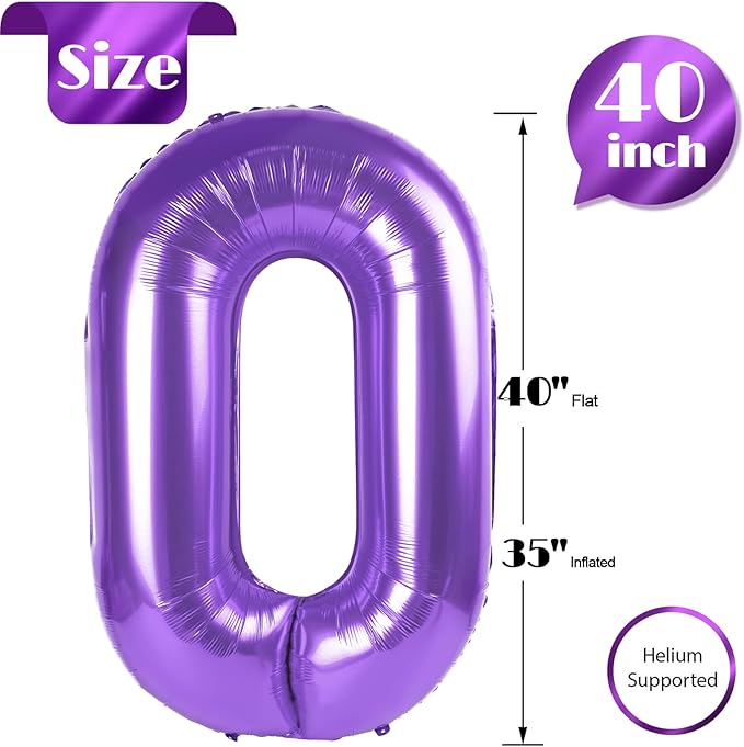 Purple Number Balloon 40 Inch, 0 Number Balloons, 10 20 30 40 50 Numbers Balloon Birthday Decorations, Purple Party Supplies for Girls Women Adults
