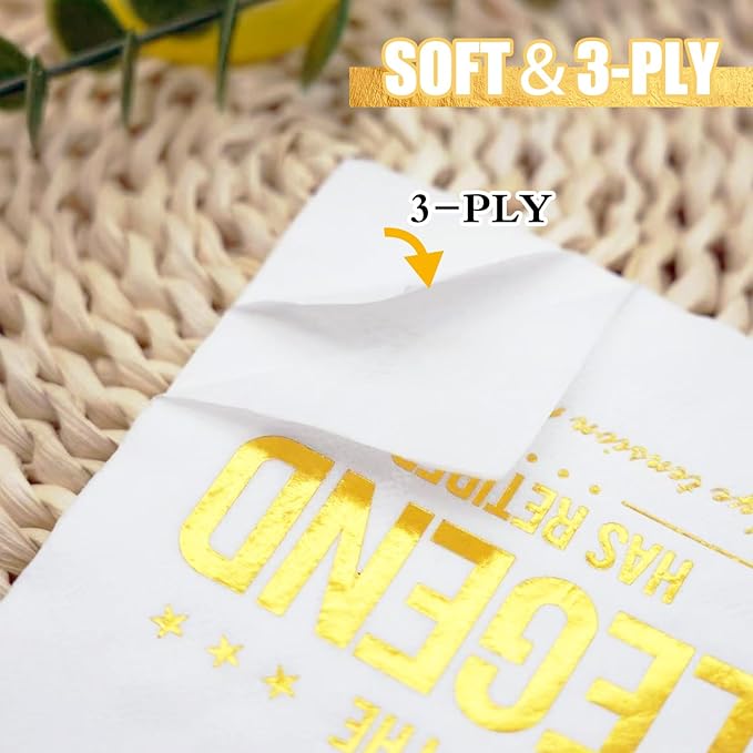 The Legend Has Retired Cocktail Napkins, 50 Pack 3-Ply Retirement Party Decorations Supplies, Gold Foil Disposable Napkins for Farewell,Coworker Goodbye & Going Away Celebration (5"x5")