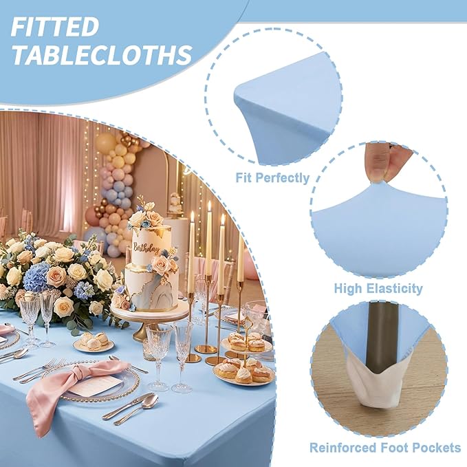 Fixwal 3 Pack Light Blue Table Cloths Rectangle 6FT, Tablecloths Rectangular Stretch Spandex Fitted Table Covers 6ft for Parties, Trade Shows, Banquet, Weddings, Buffet, Graduation