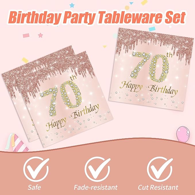70th Rose Gold Birthday Plates and Napkins, 9 Inch Pink Rose Gold Disposable Dinner Dessert Plates Happy 70th Birthday Party Supplies Decorations for Girls Women