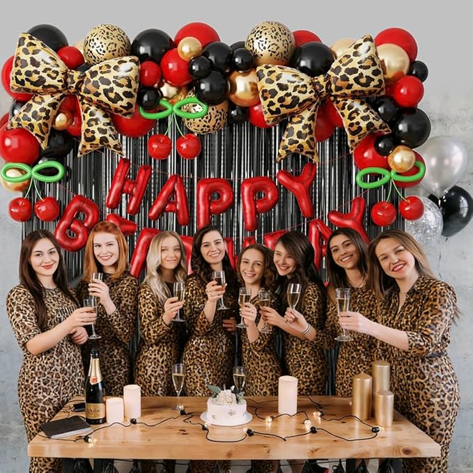 Red Black Cheetah Print Birthday Decorations Balloons Kit, 112Pcs Red Black Gold Latex Balloons with Bow Heart Happy Birthday Foil Balloon and Fringe Curtain for Girls Women