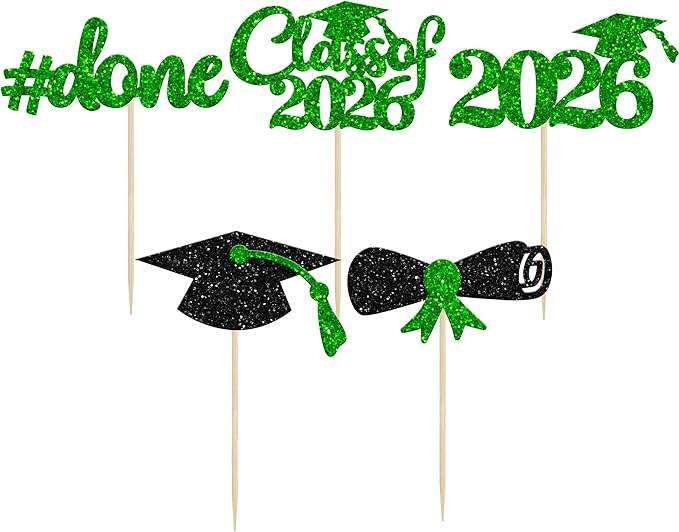 Gyufise 30Pcs 2026 Graduation Done Cupcake Toppers Green Glitter Class of 2026 Cupcake Picks Grad Cap Diploma Cake Decorations for 2026 Graduation Theme Party Cake Decorations Supplies