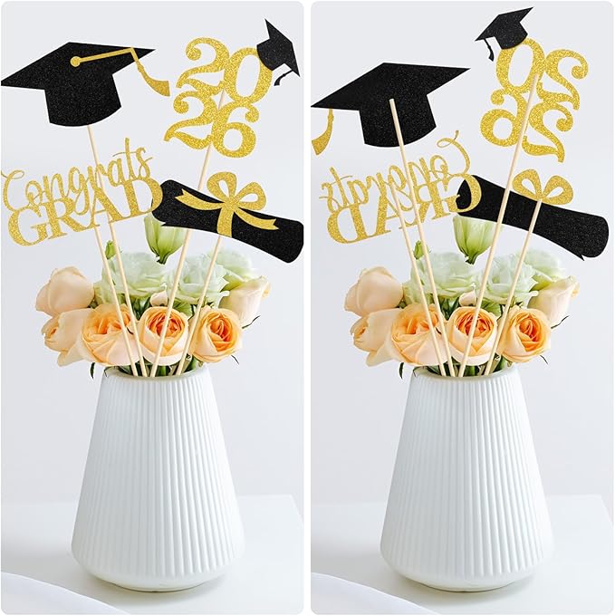 Graduation Decorations 2026, 16 PCS Black Gold Graduation Centerpieces for Tables, Double-Sided Table Toppers Centerpieces, Class of 2026 Grad Party Decorations 2026