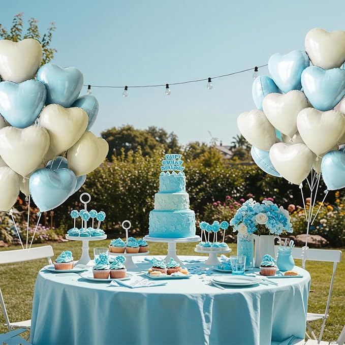 TONIFUL 30Pcs 18 Inch Light Blue Cream White Balloons Pastel Blue Heart Shape Foil Mylar Banners Decoration for Birthday Valentine's Day Wedding Bridal Shower Anniversary Engagement Party Supplies