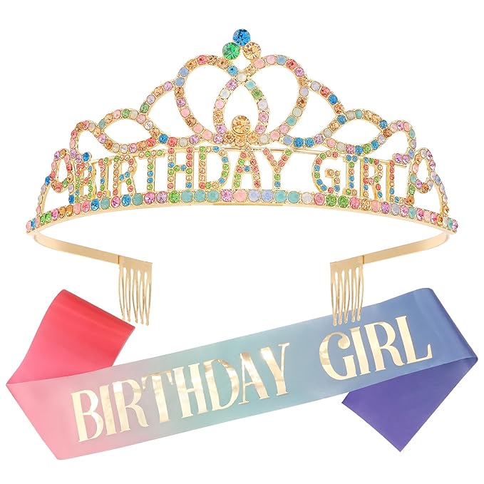 Chanaco Birthday Crown and Sash Set for Women, Gold, Hairband with 'Birthday Girl' Sash Rhinestone Tiara and Hair Accessories for Party Favors, Ideal Gift for Adults