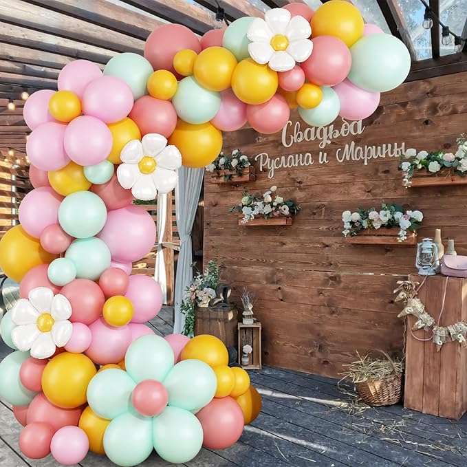 Daisy Balloon Garland Arch Kit,Retro Yellow Pink Green Hippie Boho Balloons Garland Daisy Flower Balloons For Birthday Baby Shower Bridal Wedding Groovy Daisy Party Decorations