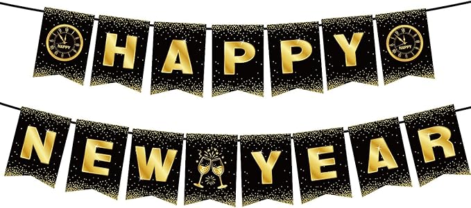 Happy New Year Decorations 2026 - Black Gold New Year Party Banner - Reusable New Years Eve Party Supplies 2026 (Style A)