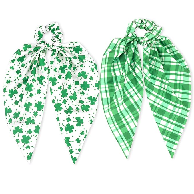 St.Patrick's Day Hair Ties for Woman Girls Green Plaid Shamrock Ribbon Hair Scrunchies Elastic Irish Lucky Leaf Hair Tie St.Patricks Party Supplies Hair Accessories 2PCS