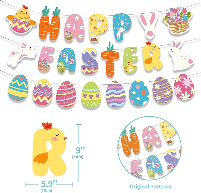 Party Spot! 60 pcs Easter Party Decorations Kit, "Happy Easter" Banner,Easter Centerpiece,Table Decorations,Hanging Swirls,Stickers,Tablecloth,Easter Party Supplies Indoor,Bunny Party