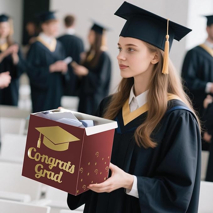 Graduation Card Box Holder, Congrats Grad Foldable Cardboard Decorations Box for Graduation Party Decoration and Grad Parties (Maroon)