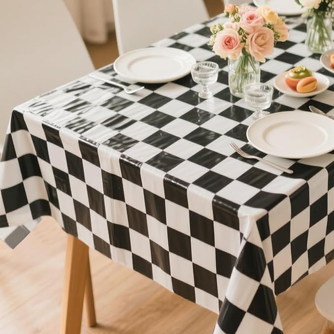 3 Packs Black and White Checkered Tablecloth 54 x 108 Inch Plastic Checkered Table Cloth Disposable Race Car Theme Party Tablecloths for Outdoor Picnic Parties