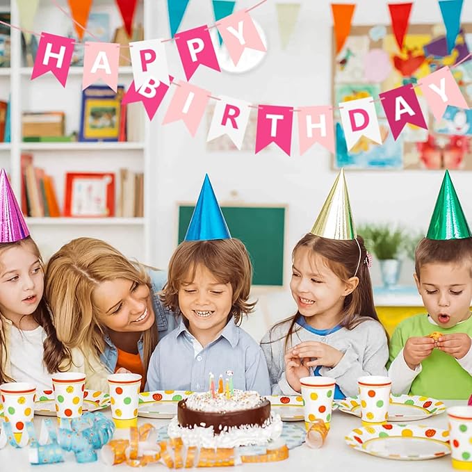 Pink Happy Birthday Banner Sign Happy Birthday Bunting Banner Garland for Kids Girls Baby 1st Birthday Tea Party Decorations Bunting Flag Birthday Party Supplies