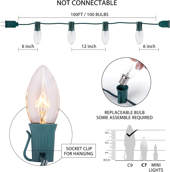 Brightown 100 Feet C9 Bulb String Lights Outdoor Clear Christmas Lights Green Wire for Outdoor Patio Room Party Backyard Decoration, E17 Base, 100 Bulbs