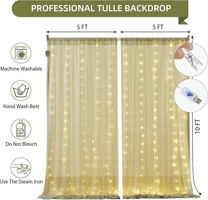 10x10FT Green Wrinkle Free Backdrop Curtains with Lights String for Parties - Photo Curtain Backdrop with Lights for Wedding Decorations, Bridal Baby Shower Birthday Party Photography Background