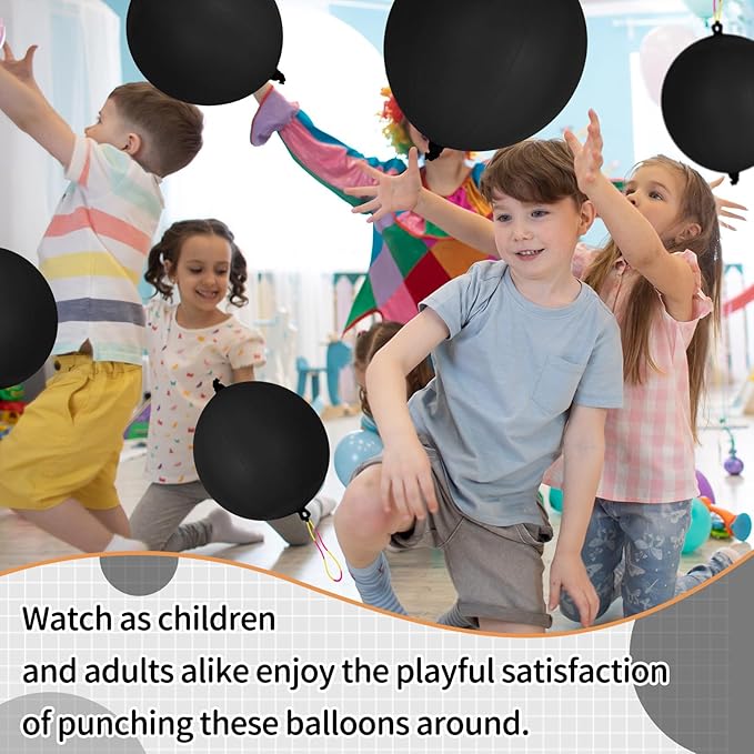 24Pcs Black Punch Balloons Bounce Balloon with Rubber Band Handle Punching Heavy Duty Farm Themed Punch for Birthday Party, Kids (Black)