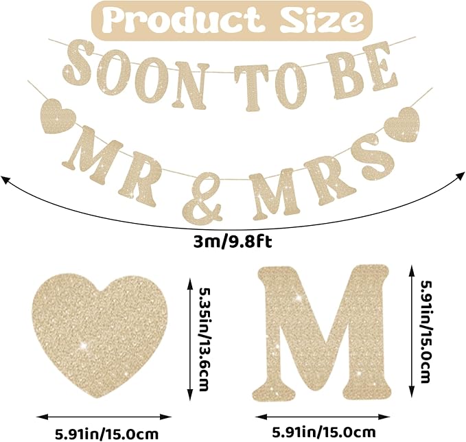 Soon To Be Mr & Mrs Sign Banner For Bridal Shower Decorations, Pre-strung Gold Glitter Wedding Shower Decorations For Home Party, Engagement Banner For Bachelorette Couples Shower