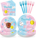 96Pcs Baseball or Softball Party Decoration Baseball Gender Reveal Plates and Napkins Pink Blue Sports Theme Disposable Tableware Set for He or She Baby Shower Party Supplies Serves 24