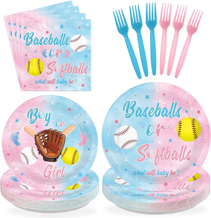 96Pcs Baseball or Softball Party Decoration Baseball Gender Reveal Plates and Napkins Pink Blue Sports Theme Disposable Tableware Set for He or She Baby Shower Party Supplies Serves 24