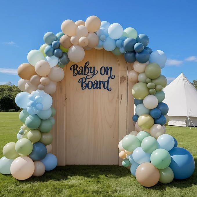 Dusty Blue Sage Green Balloons Garland Arch Kit, 117 Pcs Double Stuffed Fog Blue Light Blue Green Sand White Balloons for Baby Shower Bridal Shower Birthday Wedding Anniversary Ocean Party Decorations