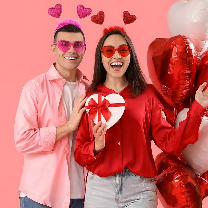 48 Pcs Red Love Heart Bopper Glitter Headbands and Heart Sunglasses, Wedding Party Pink Eyeglasses for Decor