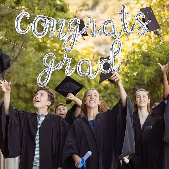 TONIFUL 2026 Congrats Grad Balloons - 16 Inch Cursive Silver Congrats Foil Balloons Banner Reusable Material for Graduation Party Graduate Congratulations 2026 Congrats Grad Decorations