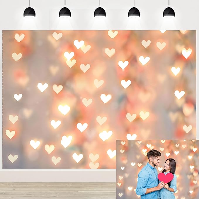 Romantic Happy Anniversary Backdrop Banner Gold Heart Light Decorations for Couples Date Night Wedding Engagement Birthday Party Photo Booth Background 8x6ft (96×72inch