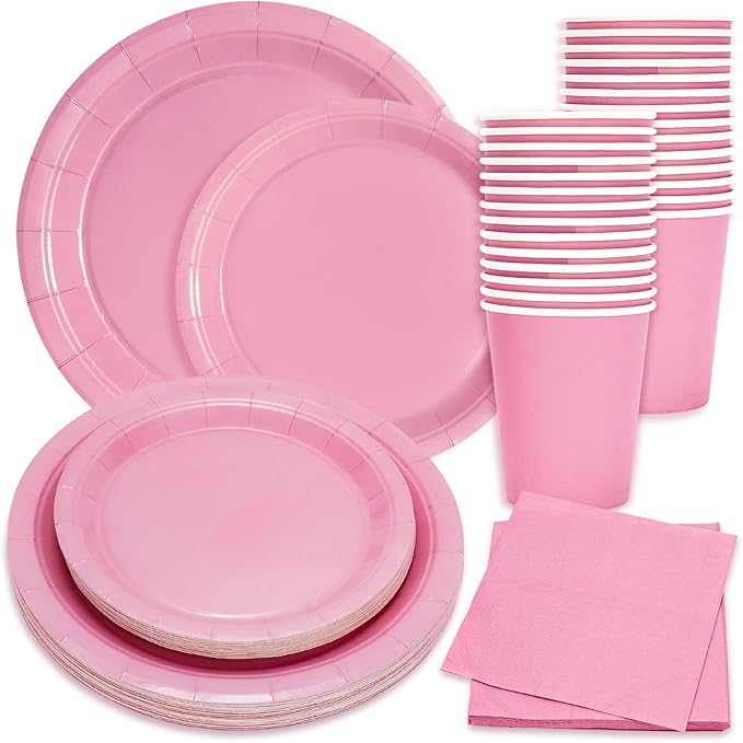 Whaline 100Pcs Valentine's Day Light Pink Tableware Set Wedding Disposable Dinnerware Set 50Pcs Paper Plates 25Pcs Napkins 25Pcs Cups for 25 Guests Wedding Birthday Bride Party Supplies Decorations