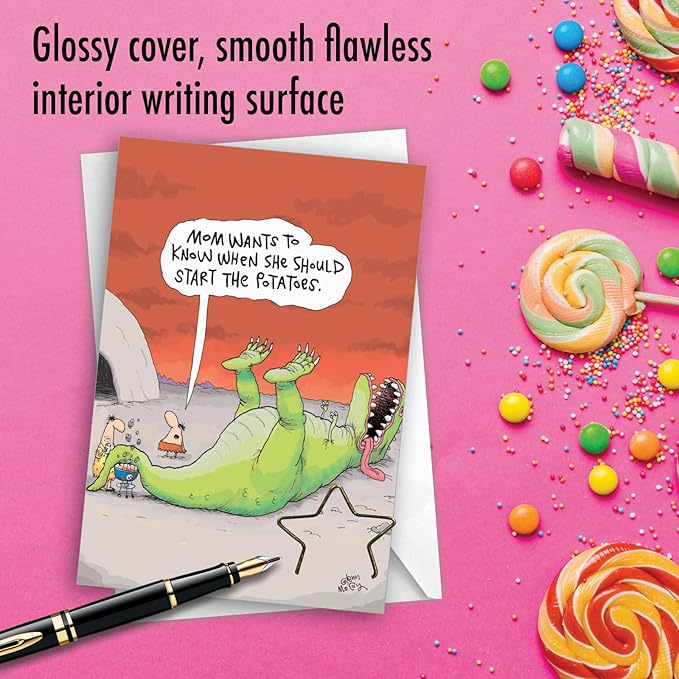 NobleWorks Hysterical Birthday Paper Card with 5 x 7 Inch Envelope (1 Card) for Men and Women, Dinosaur Barbecue C7888BDG