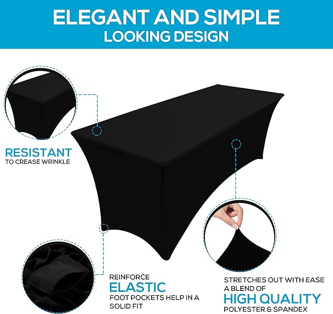 Utopia Kitchen Spandex Tablecloth 1 Pack [8FT, Black] Tight, Fitted, Washable and Wrinkle Resistant Stretch Rectangular Patio Table Cover for Event, Wedding, Banquet & Parties [96Lx30Wx30H Inch]