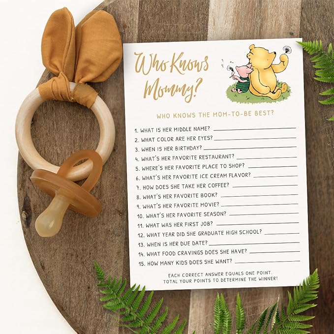 Printed Party Winnie Baby Shower Game Set – 4 Games with Classic Pooh Theme for 30 Guests, Includes Bingo, Mommy-to-be Trivia, Storybook Icon Guessing, and Guess Who, Bear Theme for Boy or Girl