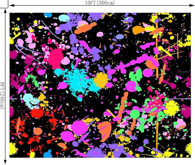 Paint Splatter Happy Birthday Backdrop Colorful Neon Glow Painting Graffiti Retro Disco Hip Pop Photography Background Pictures Photo Booth Studio Banner Birthday Party Decoration Prop 10X8FT CEM123D