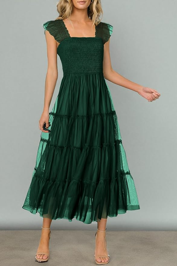 PRETTYGARDEN Women's Summer Tulle Midi Dress Sleeveless Smocked Ruffle Flowy Mesh Dresses Party Wedding Guest Sundress