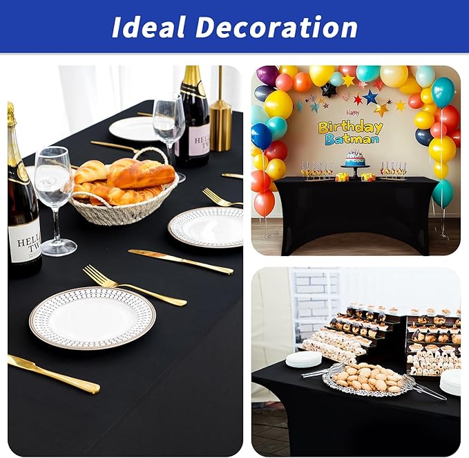 Fixwal 3 Pack Black Table Cloth for 6FT Rectangle Tables, Rectangular Tablecloths Stretch Spandex Fitted Table Covers 6FT for Parties, Trade Shows, Banquet, Weddings, Buffet, Graduation Decorations