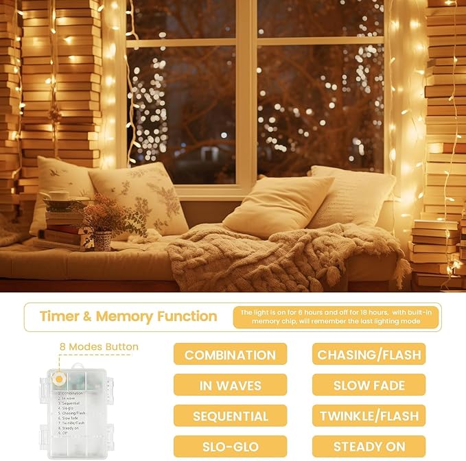 4 Pack String Lights Battery Operated with Timer, 132FT 400 LED Waterproof Battery Twinkle Lights, 8 Modes Fairy Light for Indoor & Outdoor Party Bedroom Porch Tree Christmas Decorations (Warm White)
