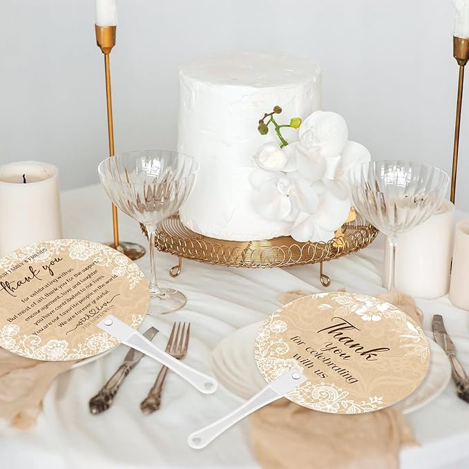 100 Pcs Wedding Hand Fans for Guests Bulk Decorative Plastic Handheld Wedding Favor Fans with Handle Thank You for Celebrating with Us for Ceremony Bridal Shower Party Decor(Lace)