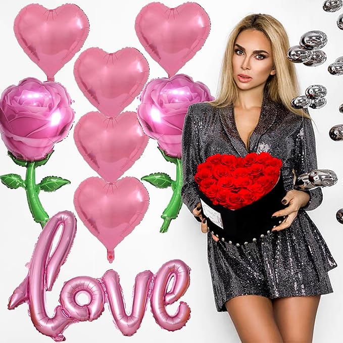 Pink Love Balloons Pink Heart Balloons and Pink Rose Balloons Valentine Balloons Valentine Party Balloons for Valentine Day Decoration Anniversary Party Decorations Theme Supplies Balloo