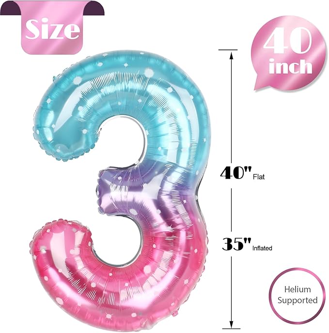 Starry Sky 3 Balloon, Number Balloons 40 Inch, 3rd Birthday Decorations for Kids Girls Women Party Supplies for Party Decorations, Number 3 Balloon