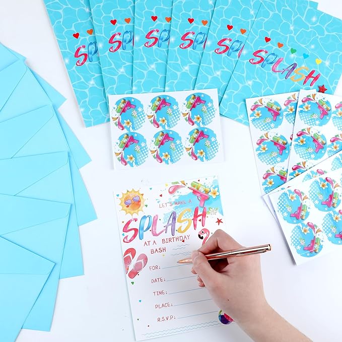 Qyeahkj 36pcs Pool Birthday Party Invitations for Girls Swimming Pool Party Invitation Card with Envelopes and Stickers for Kids Boys Baby Shower Summer Hawaiian Beach Party Favor Supplies Decorations