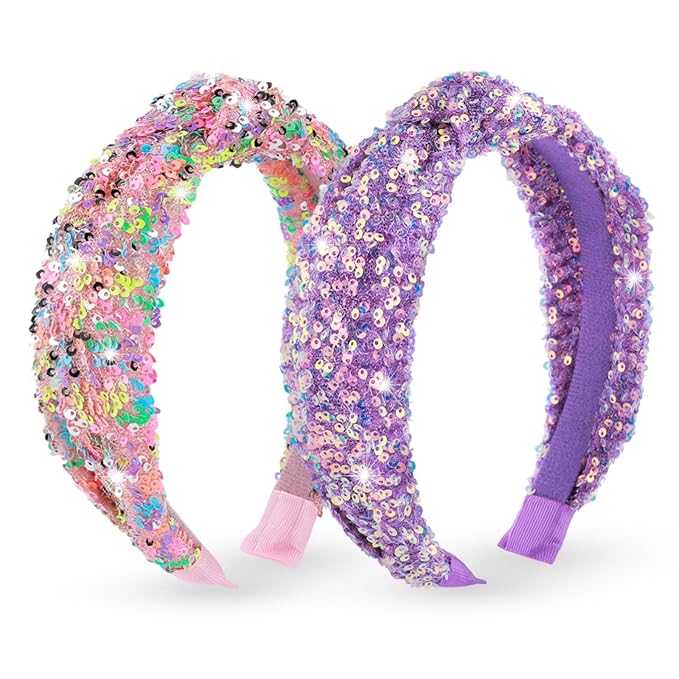 2Pcs Sequin Knotted Headband for Women, Sparkly Knotted Wide Hair Bands for Girls, Glitter Fashion Iridescent Headbands Hair Accessories Fancy Outfits for Party Birthday Prom