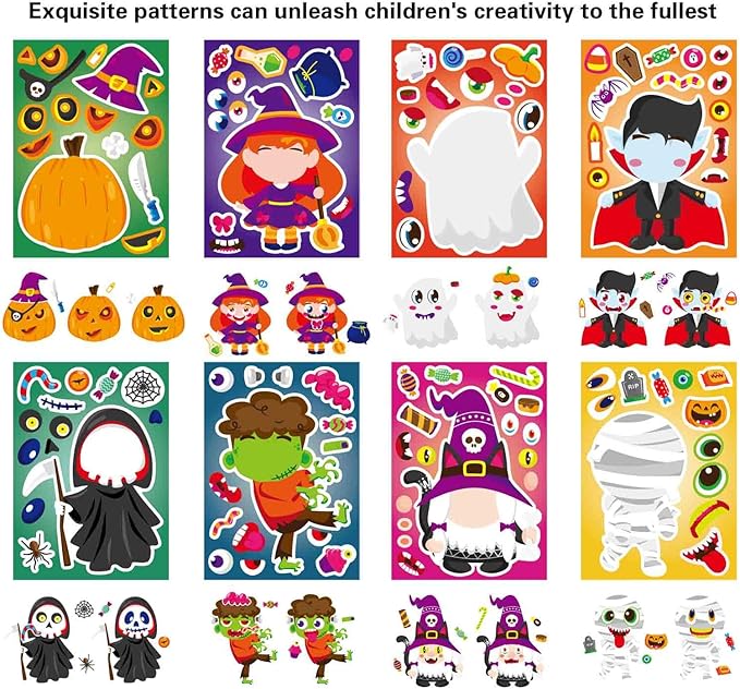 24 PCS Halloween Make-a-face Stickers for Kids Make Your Own Stickers Halloween Party Favors Trick or Treat Party Game Crafts Activities