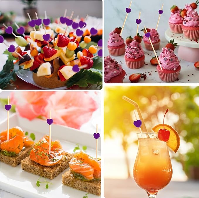 100pcs Purple Love Heart Cocktail Picks 4.7" Long Fruit Sticks Food Toothpicks Sandwich Appetizer Charcuterie Skewers, for Valentines Galentines Mothers Day Birthday Decorations Party Supplies
