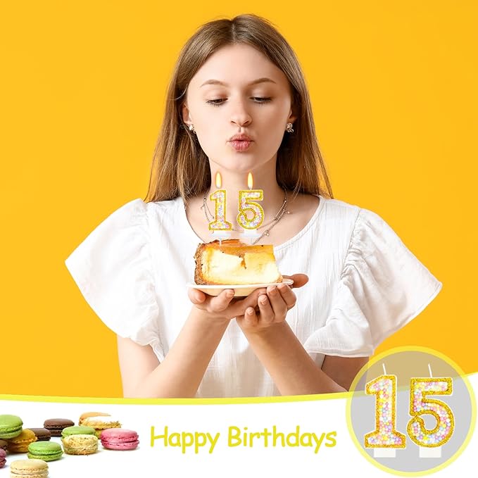 15th Birthday Candle for Cake, Colorful Macaron Numeral Candles for Girls/Boys, Birthday Party Cake Decorations, Golden Cake Topper for Birthday Party Supplies (Number 15)