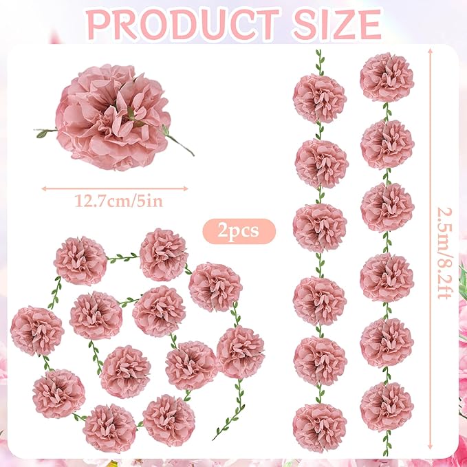 Pink Flower Garland for Backdrop - 2 Pcs Artificial Hanging Flower Garlands for Living Room Wedding Arch Decor, 8.2 Ft Fake Paper Floral Vines for Wall Window Garden Party Decoration