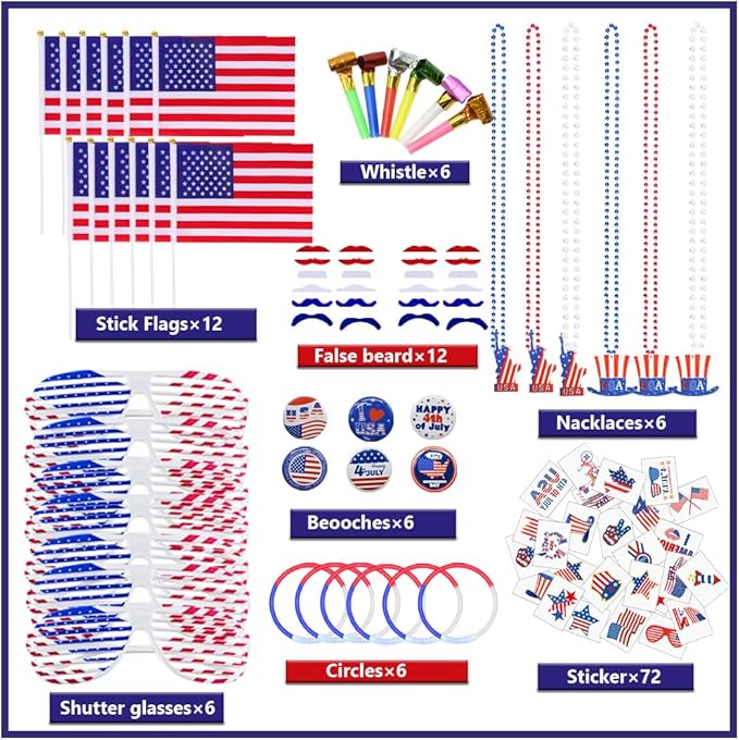 CAMIRUS 4th of July Party Favors, 126 Pcs Patriotic Accessories USA Flags Sunglasses Necklaces Glow Sticks Musical Blow Outs Mustaches Brooches Stickers for Independence Day, Memorial Day, Labor Day